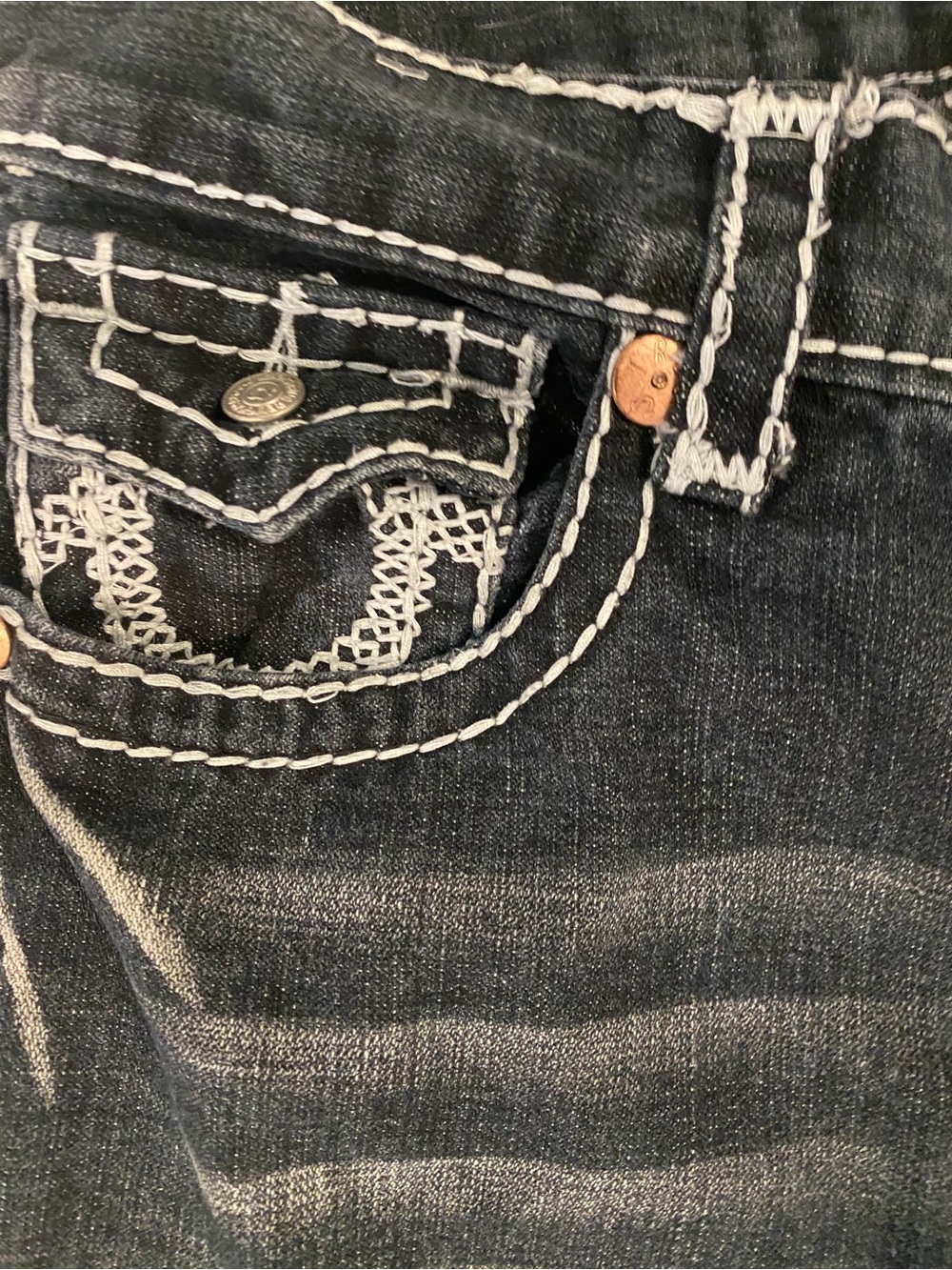 Unisex Vintage True Religion Joey Super T Jeans Dark Wash Contrast Stitch Sz 32 - Picture 4 of 5